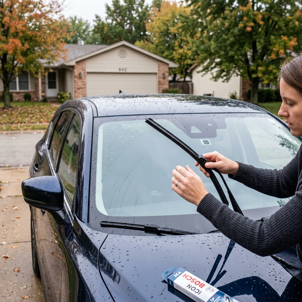 A woman installs a new windshield wiper blade on a dark blue car parked outside on a wet autumn day. (Representative image for illustration purposes only. Actual vehicle may vary based on trim and configuration.)