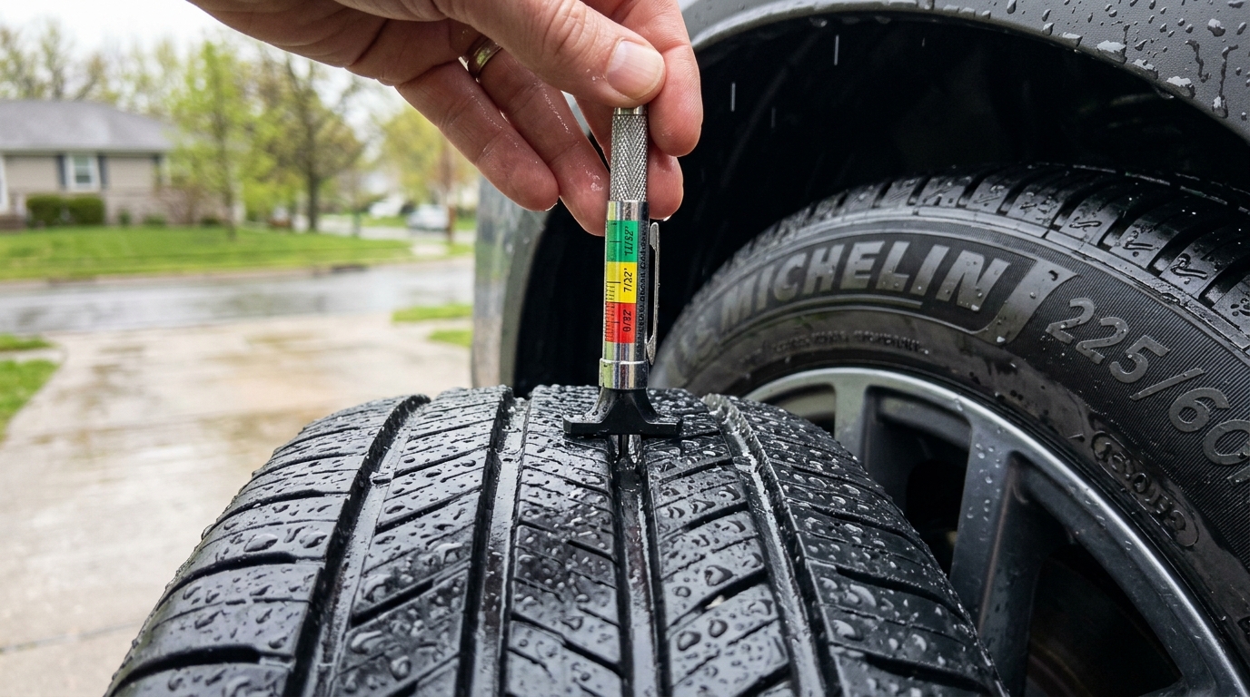 A person measuring tire tread depth on a wet Michelin car tire using a color-coded gauge. (Representative image for illustration purposes only. Actual vehicle may vary based on trim and configuration.)