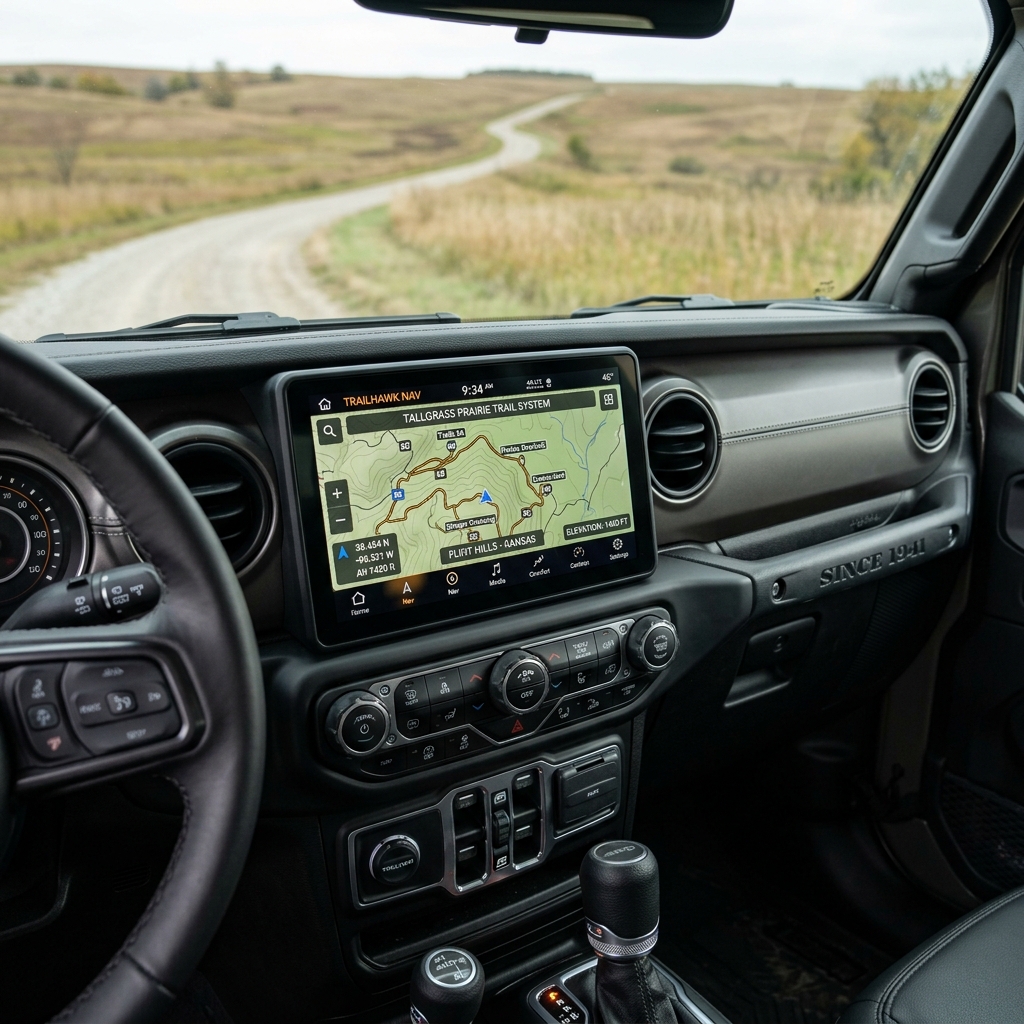 View from inside a Jeep looking at a navigation screen and a winding gravel road through prairie land. (Representative image for illustration purposes only. Actual vehicle may vary based on trim and configuration.)