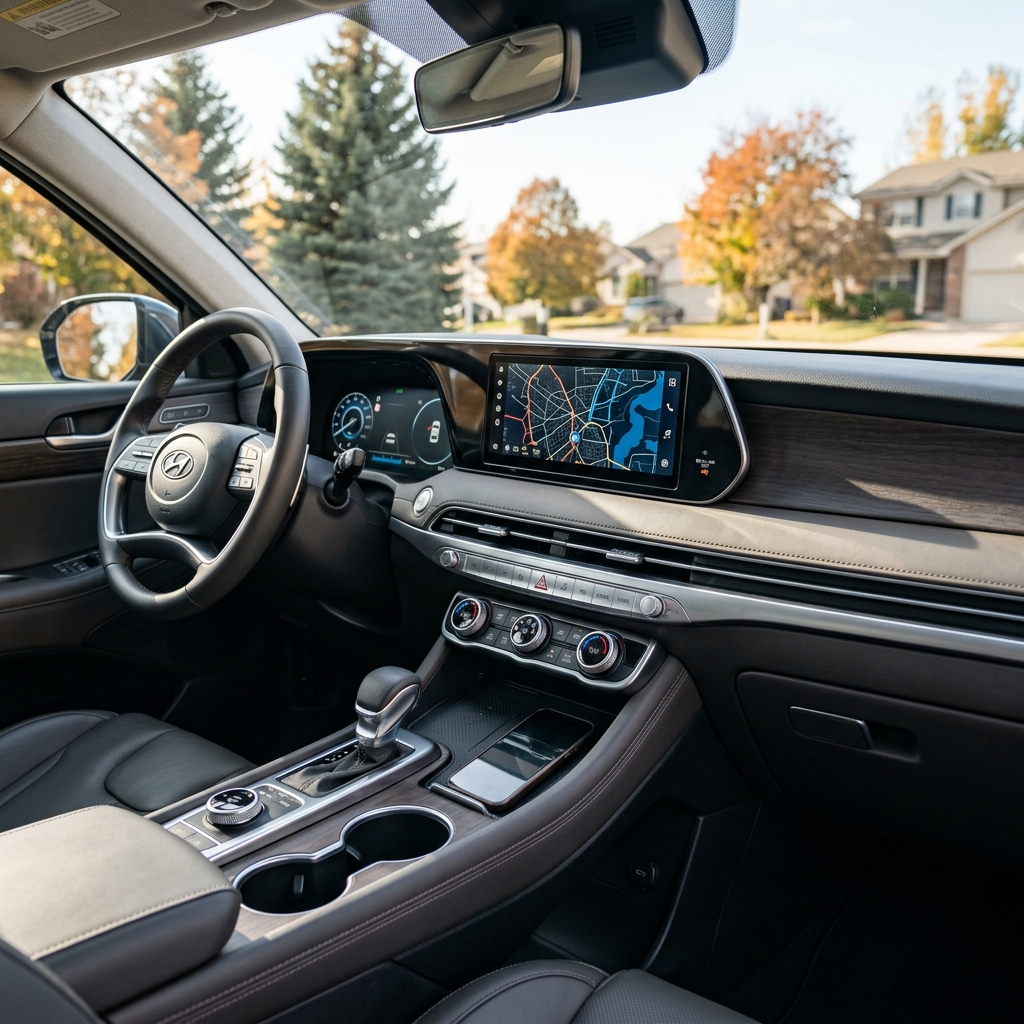 Interior view of a Hyundai SUV dashboard featuring a digital infotainment system with GPS navigation map. (Representative image for illustration purposes only. Actual vehicle may vary based on trim and configuration.)