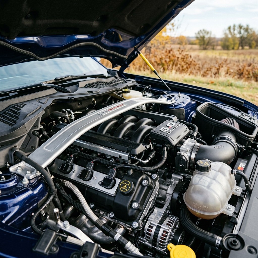 Detailed view of a Ford Mustang 5.0L Coyote V8 engine bay with a silver strut tower brace and open hood. (Representative image for illustration purposes only. Actual vehicle may vary based on trim and configuration.)