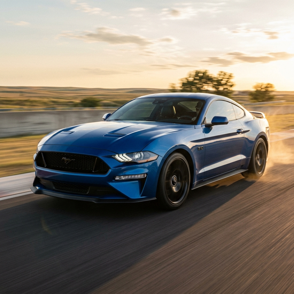 Blue Ford Mustang GT driving fast along a race track during golden hour sunset. (Representative image for illustration purposes only. Actual vehicle may vary based on trim and configuration.)