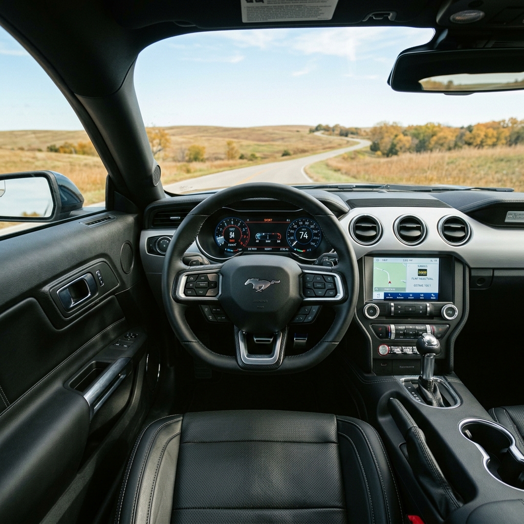 View from the driver's seat of a Ford Mustang cruising on a scenic rural road with a digital dashboard display. (Representative image for illustration purposes only. Actual vehicle may vary based on trim and configuration.)
