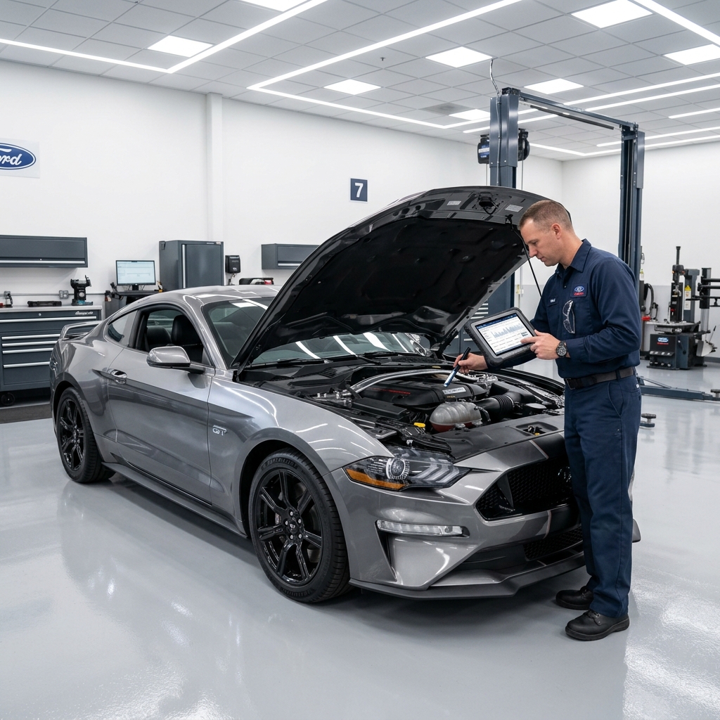 Ford technician in a blue uniform inspecting a silver Mustang GT engine bay using a tablet and flashlight. (Representative image for illustration purposes only. Actual vehicle may vary based on trim and configuration.)