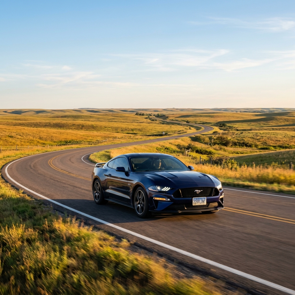A dark blue Ford Mustang drives along a winding two-lane road through rolling golden hills. (Representative image for illustration purposes only. Actual vehicle may vary based on trim and configuration.)