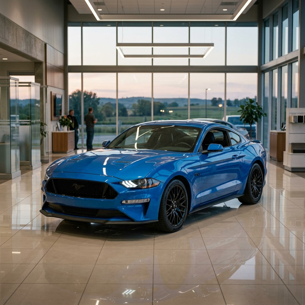 Vibrant blue Ford Mustang displayed inside a spacious, modern car dealership showroom with large glass windows. (Representative image for illustration purposes only. Actual vehicle may vary based on trim and configuration.)