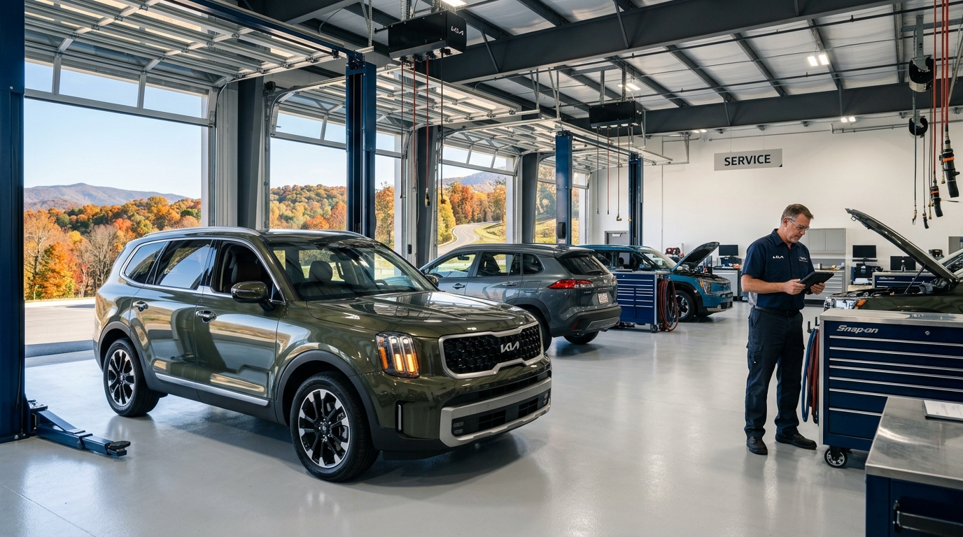 Green Kia Telluride SUV inside a clean service bay while a mechanic reviews information on a tablet. (Representative image for illustration purposes only. Actual vehicle may vary based on trim and configuration.)