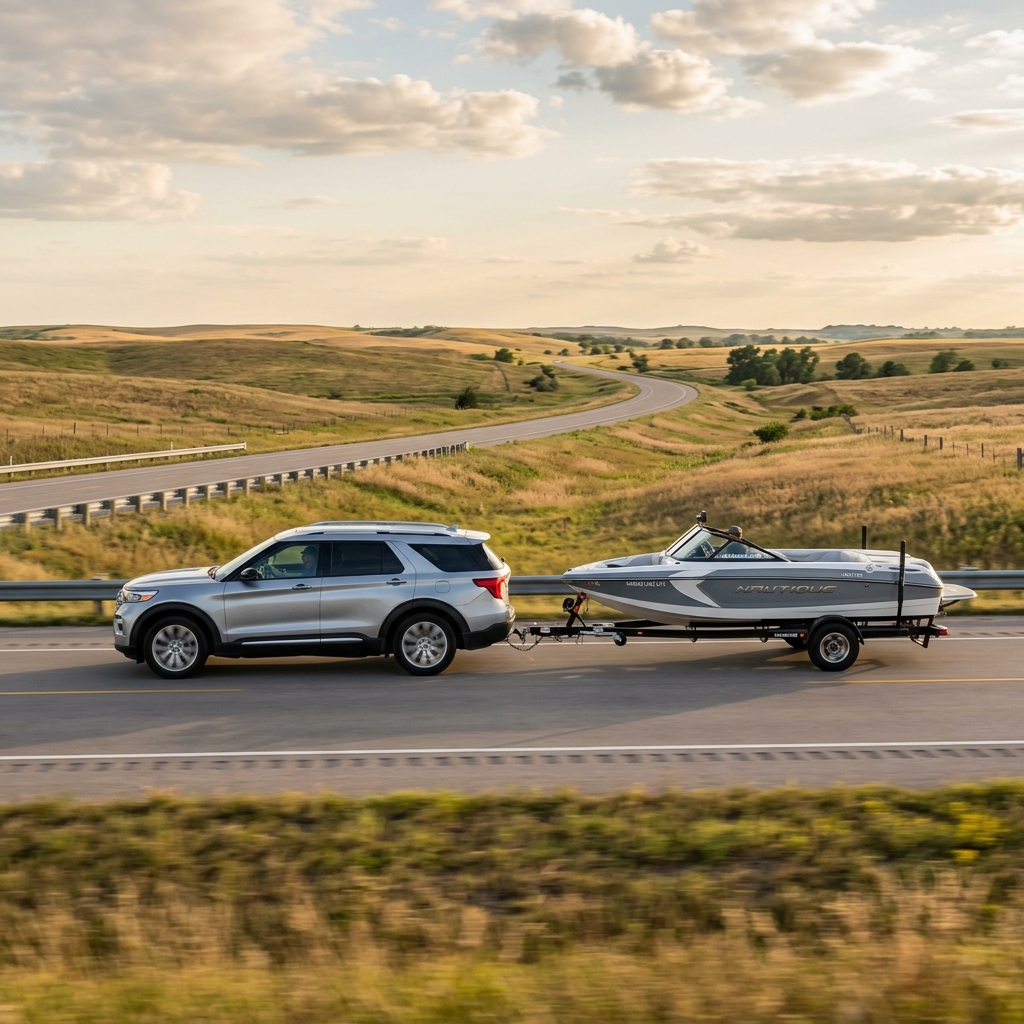 Silver SUV towing a grey and white boat on a trailer along a scenic countryside highway. (Representative image for illustration purposes only. Actual vehicle may vary based on trim and configuration.)