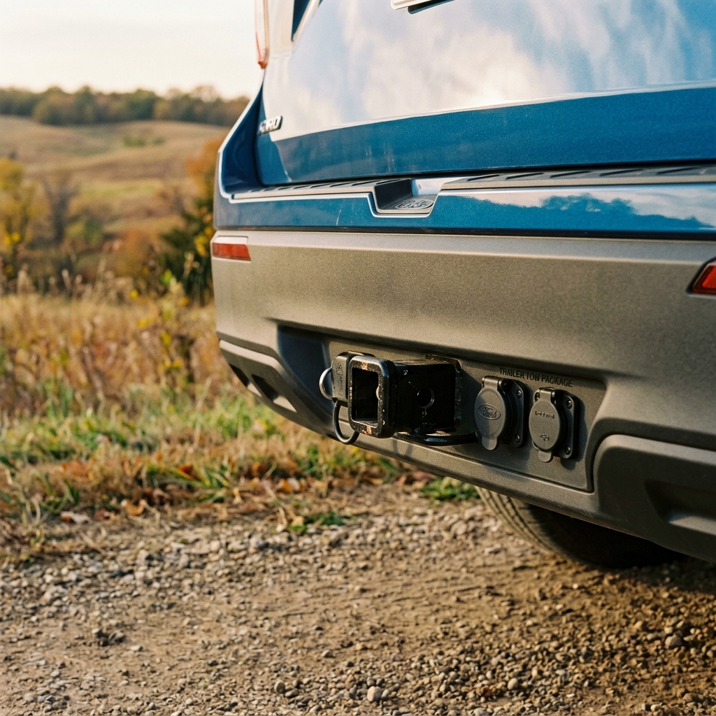 Close-up of a trailer tow hitch receiver and electrical ports on the rear bumper of a blue SUV parked on gravel. (Representative image for illustration purposes only. Actual vehicle may vary based on trim and configuration.)