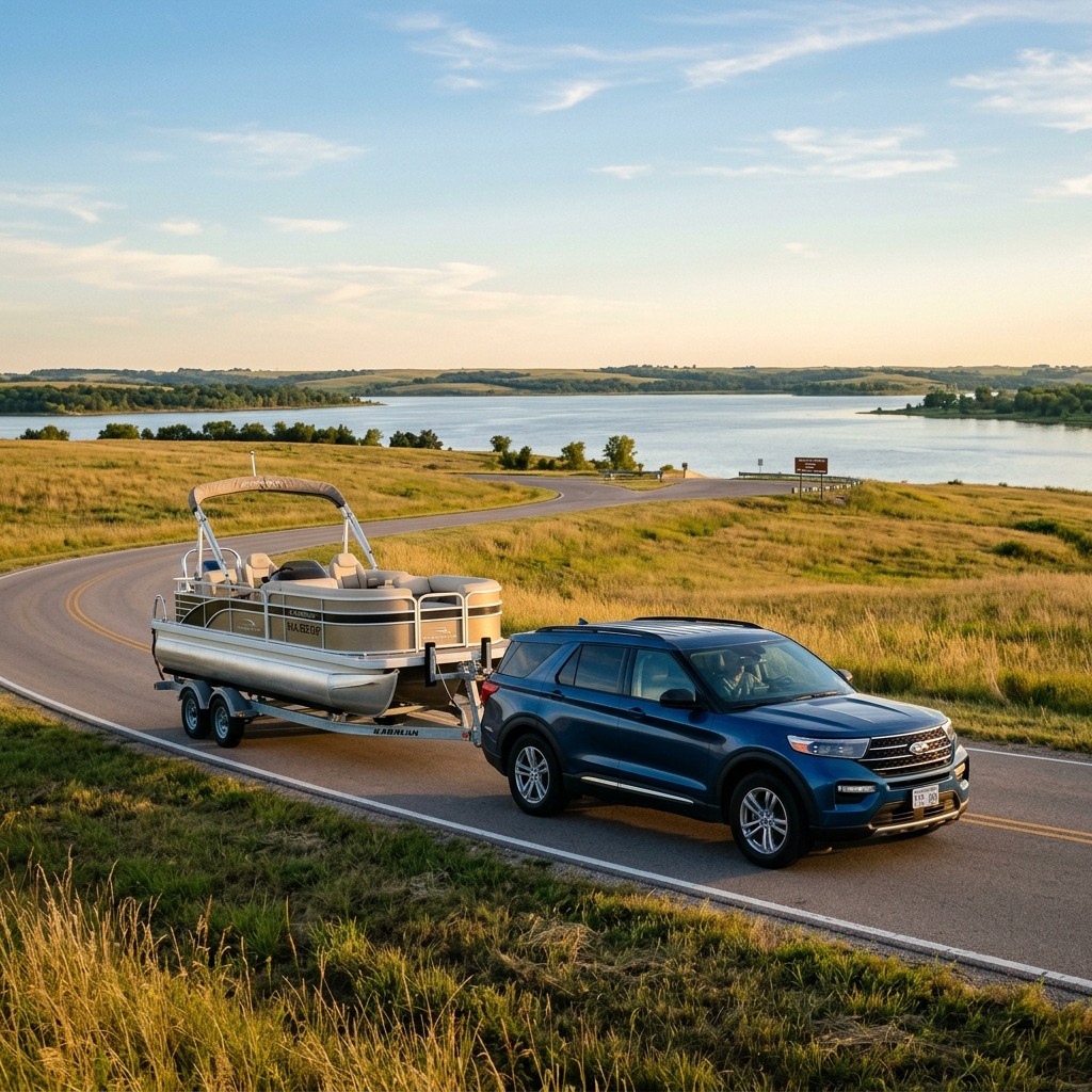 A blue Ford SUV towing a pontoon boat on a trailer along a winding scenic road overlooking a lake. (Representative image for illustration purposes only. Actual vehicle may vary based on trim and configuration.)