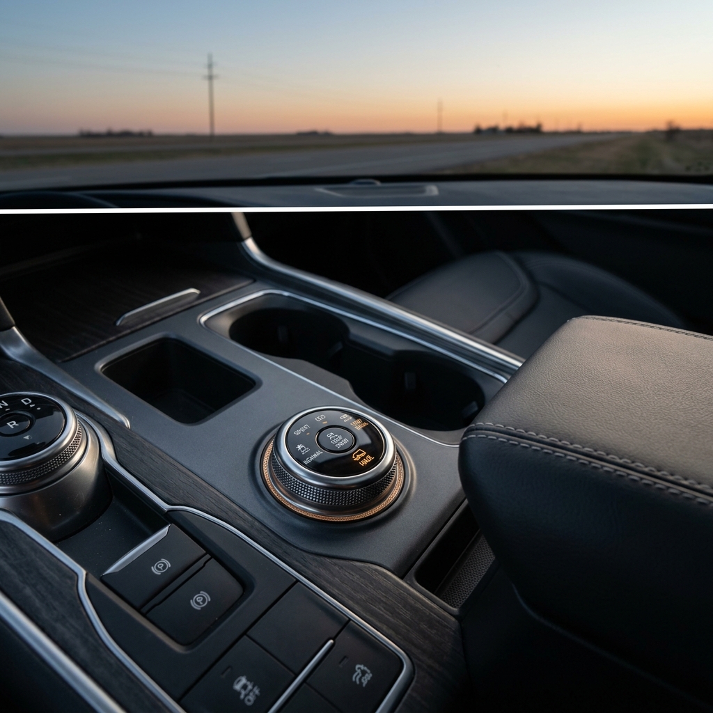 Split image showing a straight highway at sunset above a detailed view of a luxury car's center console. (Representative image for illustration purposes only. Actual vehicle may vary based on trim and configuration.)