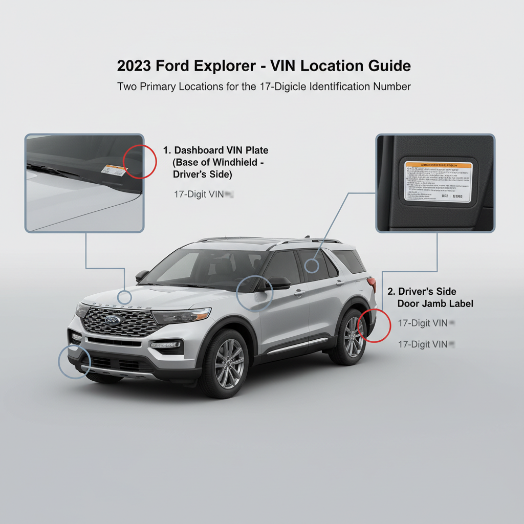 Diagram showing the dashboard and door jamb VIN locations on a silver 2023 Ford Explorer. (Representative image for illustration purposes only. Actual vehicle may vary based on trim and configuration.)