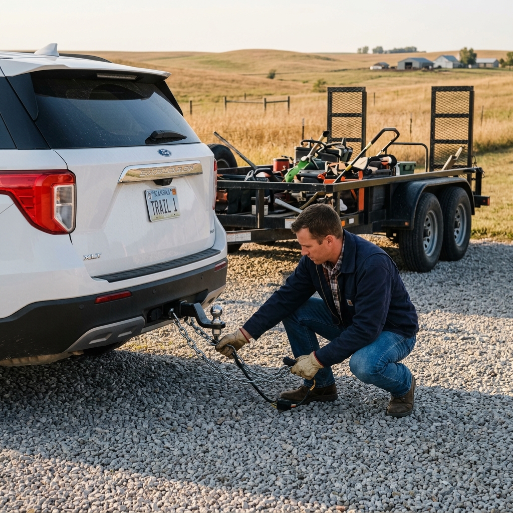A man wearing work gloves crouches behind a white SUV to connect trailer safety chains and wiring. (Representative image for illustration purposes only. Actual vehicle may vary based on trim and configuration.)