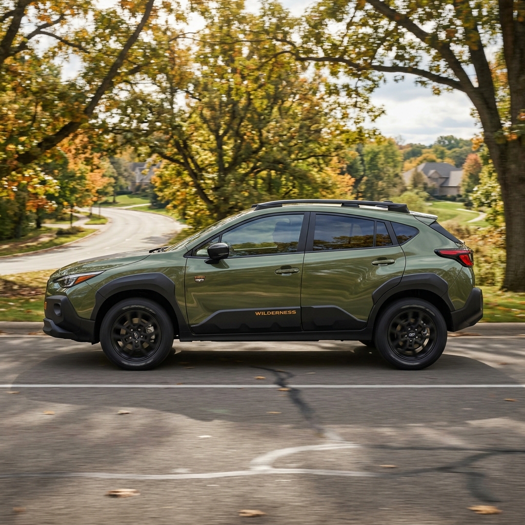 Side view of an olive green Subaru Crosstrek Wilderness on a suburban street surrounded by autumn foliage. (Representative image for illustration purposes only. Actual vehicle may vary based on trim and configuration.)