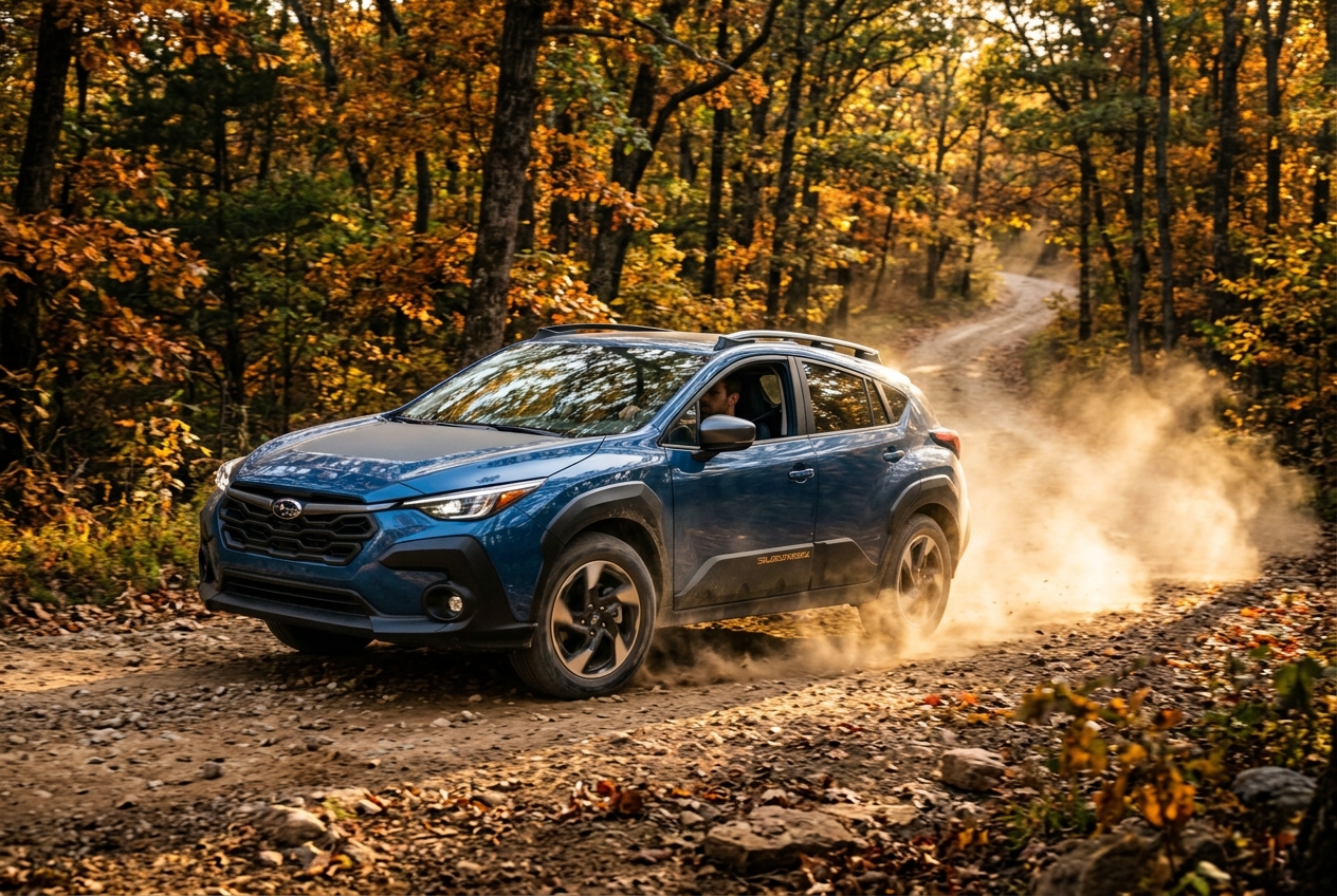 Blue Subaru Crosstrek driving along a dirt forest trail during autumn, kicking up a plume of dust. (Representative image for illustration purposes only. Actual vehicle may vary based on trim and configuration.)