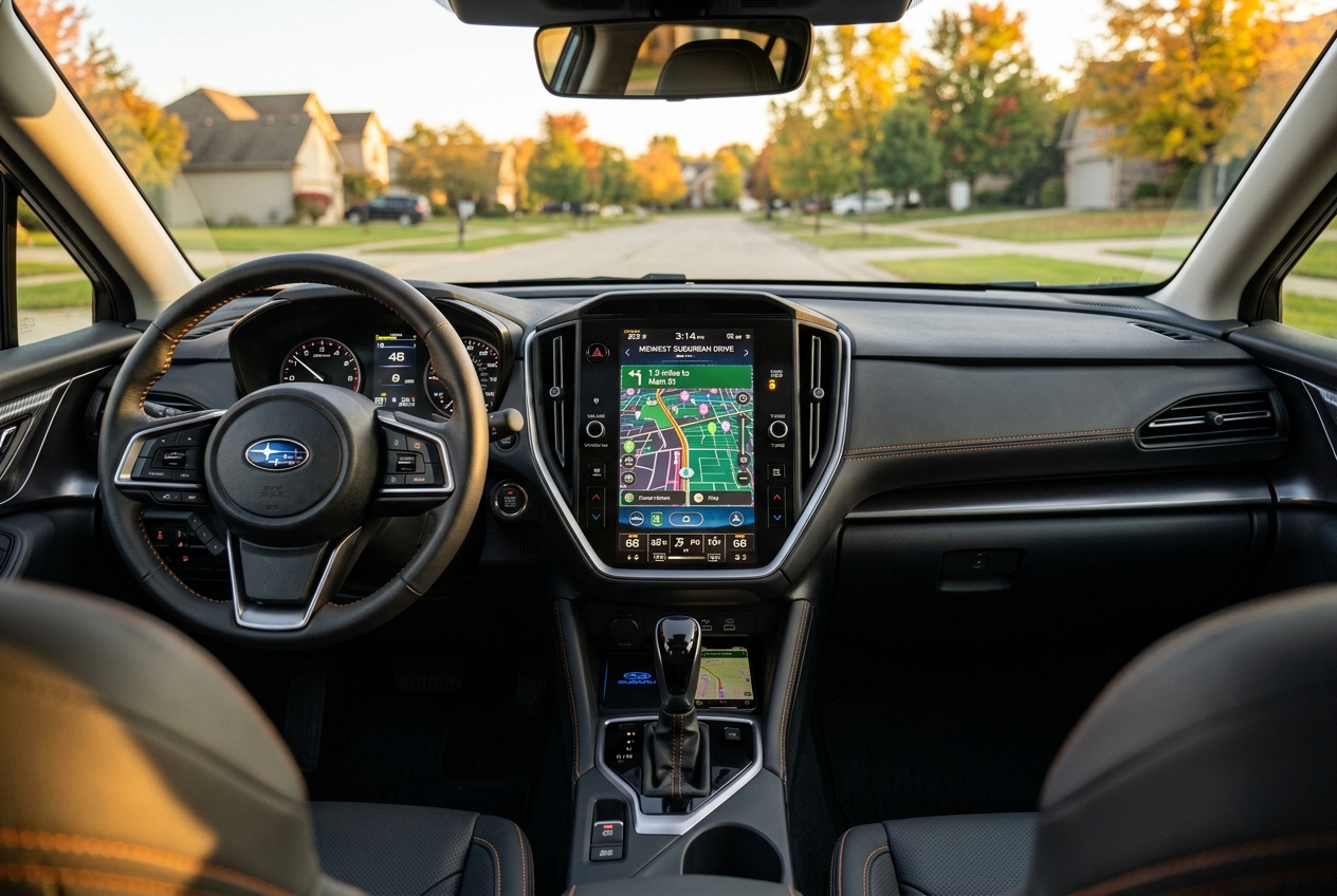 Dashboard interior of a modern Subaru vehicle driving down a suburban street at sunset. (Representative image for illustration purposes only. Actual vehicle may vary based on trim and configuration.)