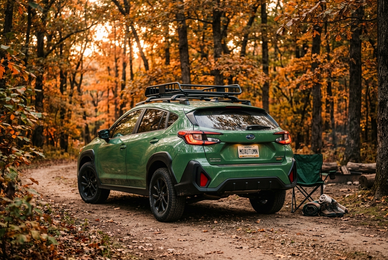 Green Subaru Crosstrek parked on a dirt forest path surrounded by autumn leaves next to camping gear. (Representative image for illustration purposes only. Actual vehicle may vary based on trim and configuration.)