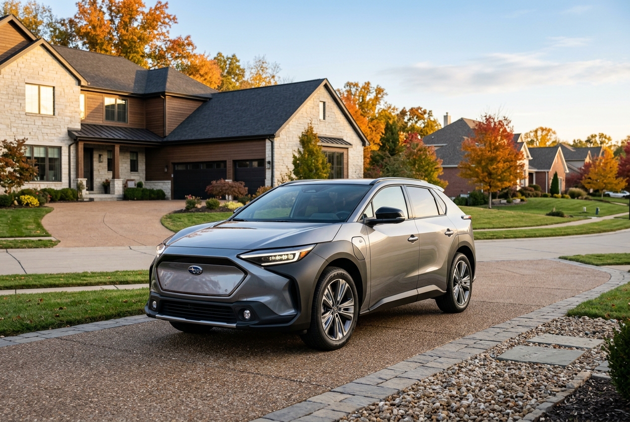 Silver Subaru Solterra electric SUV parked on a paved driveway in front of a modern suburban home. (Representative image for illustration purposes only. Actual vehicle may vary based on trim and configuration.)