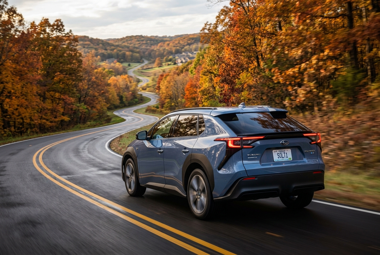 Rear view of a blue Subaru Solterra EV driving down a winding road lined with colorful autumn trees. (Representative image for illustration purposes only. Actual vehicle may vary based on trim and configuration.)