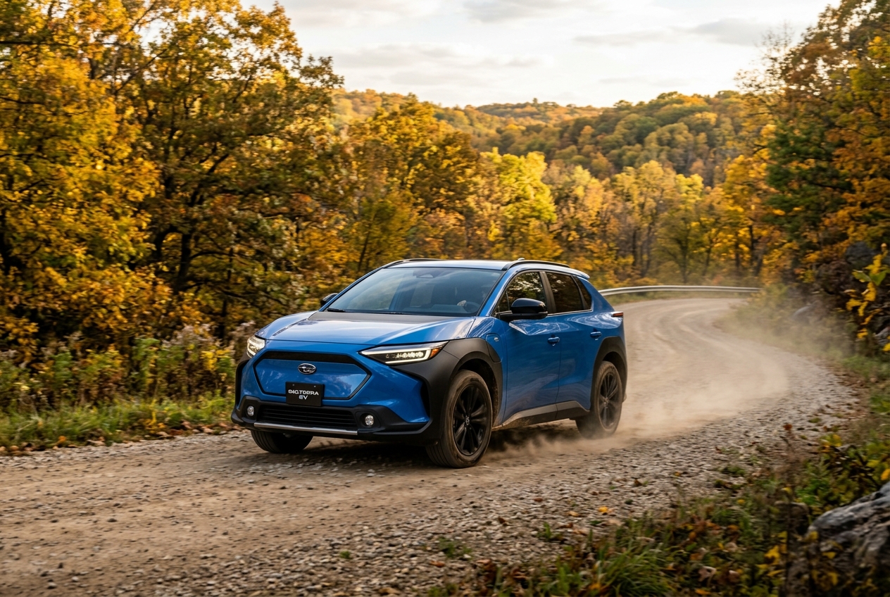 Blue Subaru Solterra EV kicking up dust on a gravel road through an autumn forest. (Representative image for illustration purposes only. Actual vehicle may vary based on trim and configuration.)