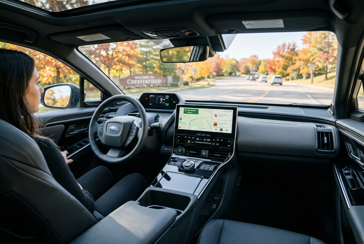 Woman driving a modern Subaru electric vehicle down a suburban street lined with colorful autumn trees. (Representative image for illustration purposes only. Actual vehicle may vary based on trim and configuration.)