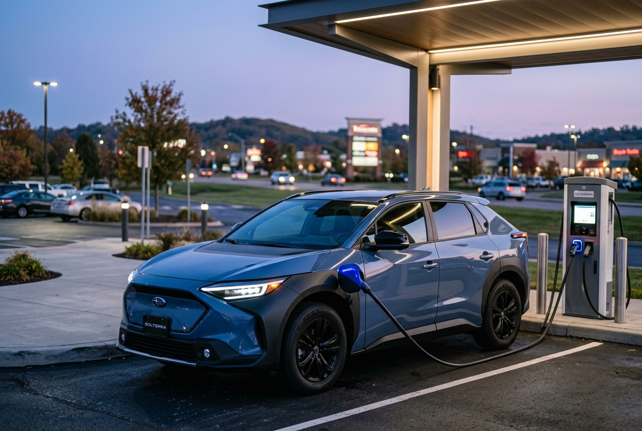 Blue Subaru Solterra electric SUV parked under a canopy and charging at a public EV station at dusk. (Representative image for illustration purposes only. Actual vehicle may vary based on trim and configuration.)