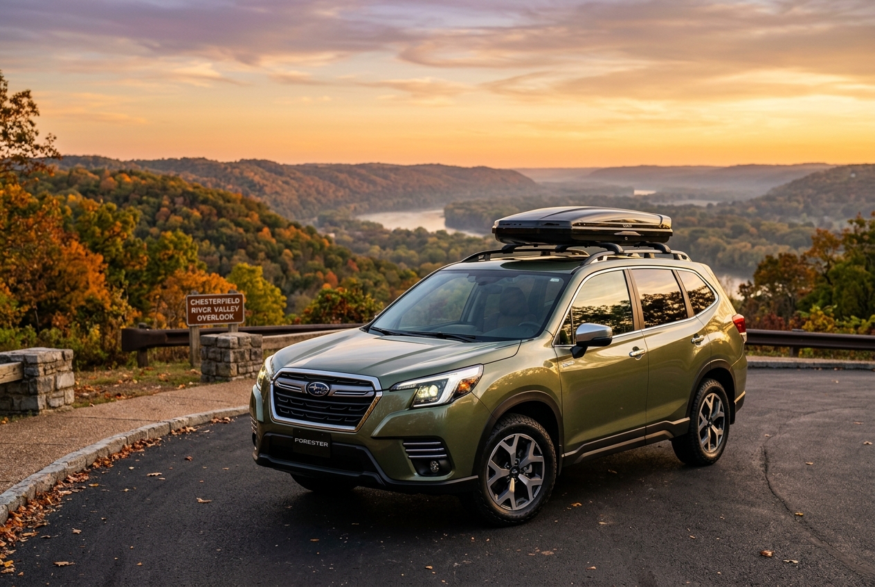 Green Subaru Forester SUV parked at a scenic river valley overlook during autumn sunset. (Representative image for illustration purposes only. Actual vehicle may vary based on trim and configuration.)