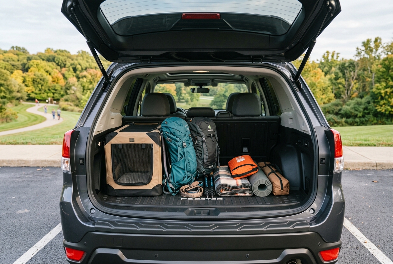 Open trunk of a dark gray SUV neatly packed with a pet crate, backpacks, trekking poles, and camping gear. (Representative image for illustration purposes only. Actual vehicle may vary based on trim and configuration.)