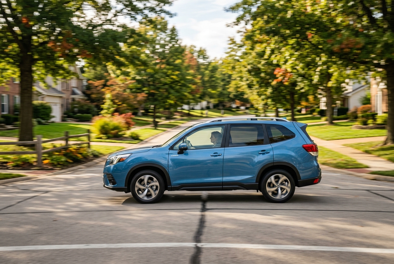 Profile view of a blue SUV driving along a suburban street lined with trees and residential houses. (Representative image for illustration purposes only. Actual vehicle may vary based on trim and configuration.)