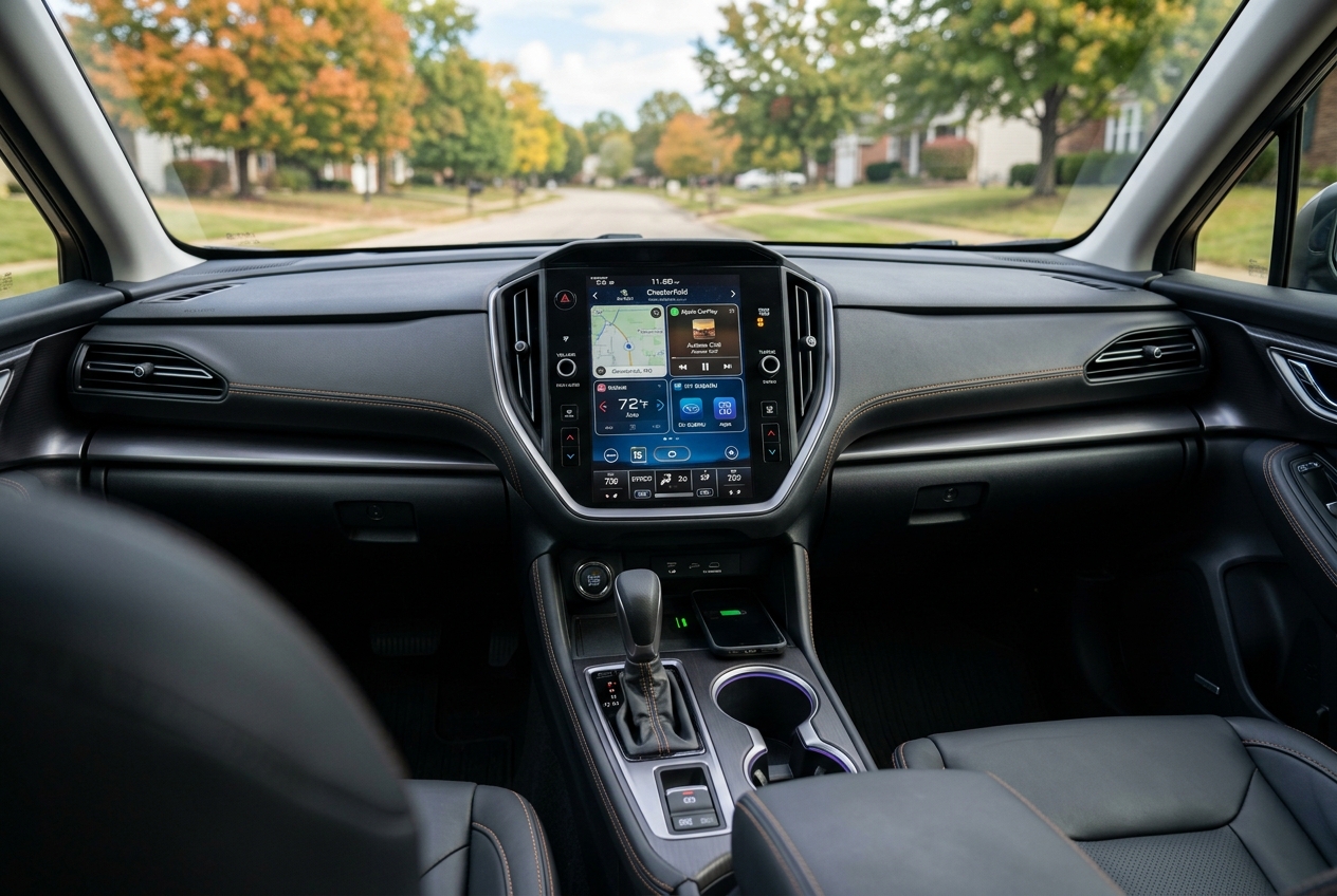 Dashboard and vertical touchscreen display inside a modern car looking out toward a suburban street. (Representative image for illustration purposes only. Actual vehicle may vary based on trim and configuration.)