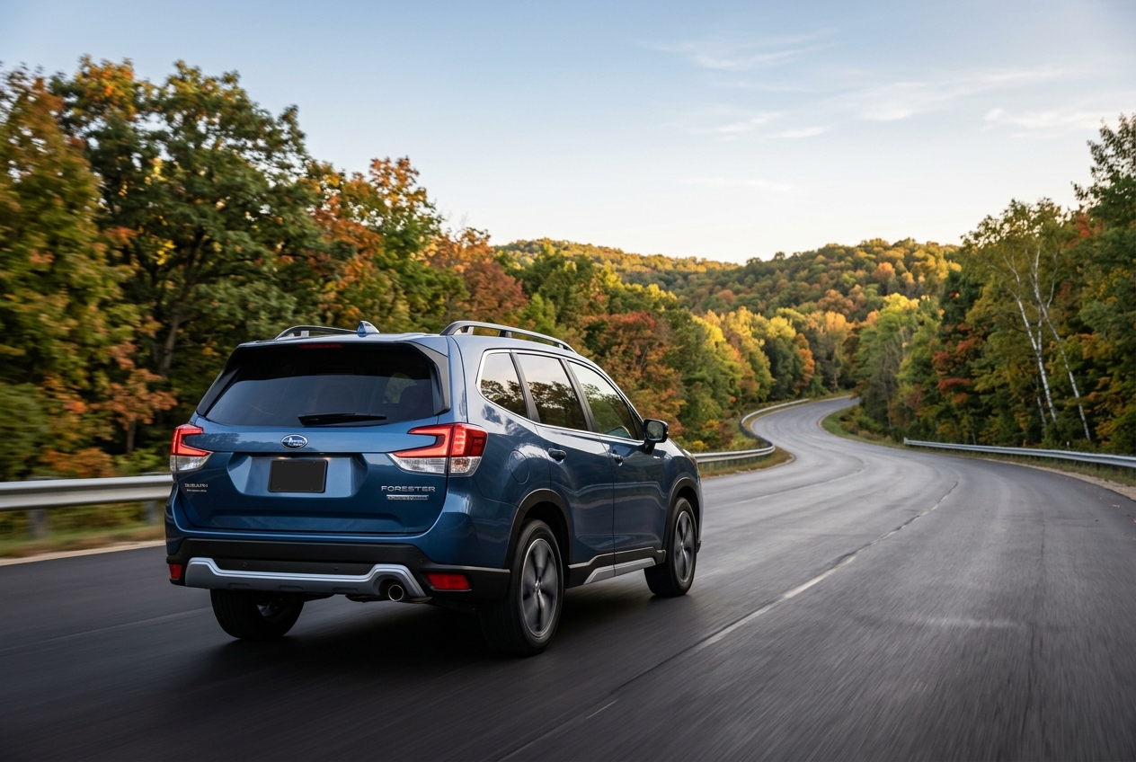 Blue Subaru Forester driving on a winding road through a colorful autumn forest. (Representative image for illustration purposes only. Actual vehicle may vary based on trim and configuration.)