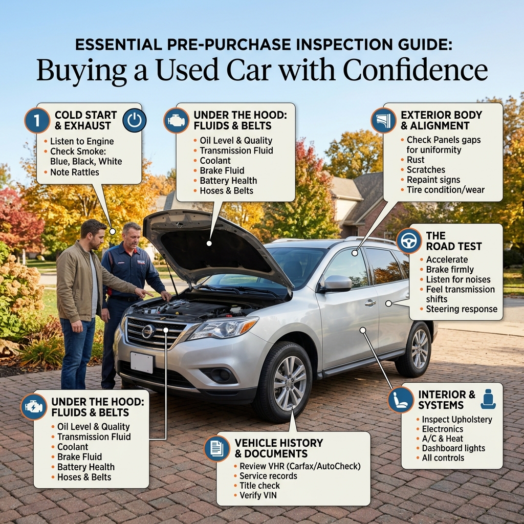 Infographic illustrating a used car inspection checklist with a mechanic explaining engine parts to a buyer. (Representative image for illustration purposes only. Actual vehicle may vary based on trim and configuration.)