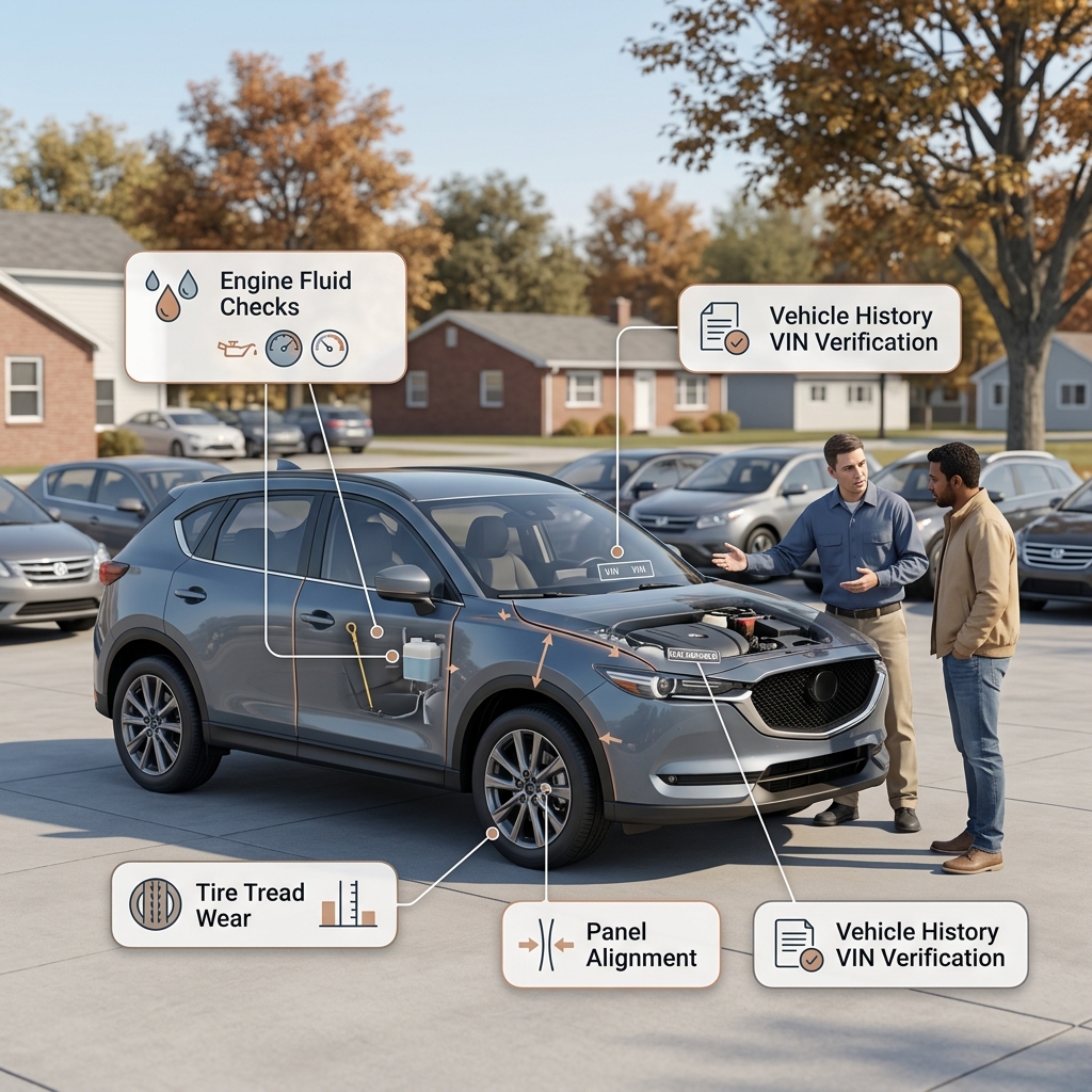 Infographic showing a car inspection with key check points for engine fluids, VIN verification, tires, and panel alignment. (Representative image for illustration purposes only. Actual vehicle may vary based on trim and configuration.)