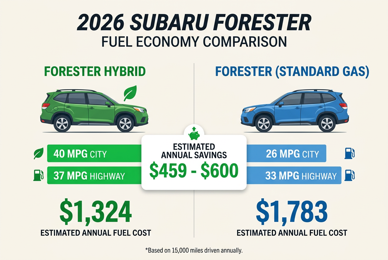 2026 Subaru Forester fuel economy infographic comparing Hybrid and Standard Gas MPG and estimated annual costs. (Representative image for illustration purposes only. Actual vehicle may vary based on trim and configuration.)
