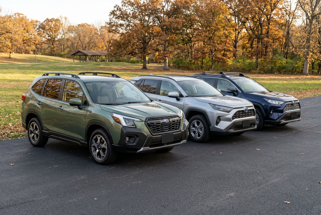 Three SUVs—a green Subaru Forester and two Toyota RAV4s—parked on a paved path in an autumn park. (Representative image for illustration purposes only. Actual vehicle may vary based on trim and configuration.)