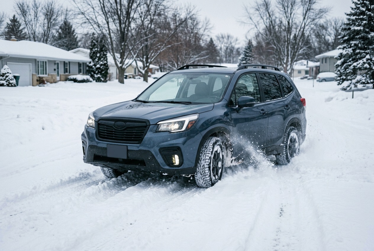 Blue SUV driving through deep snow on a suburban residential street during winter. (Representative image for illustration purposes only. Actual vehicle may vary based on trim and configuration.)