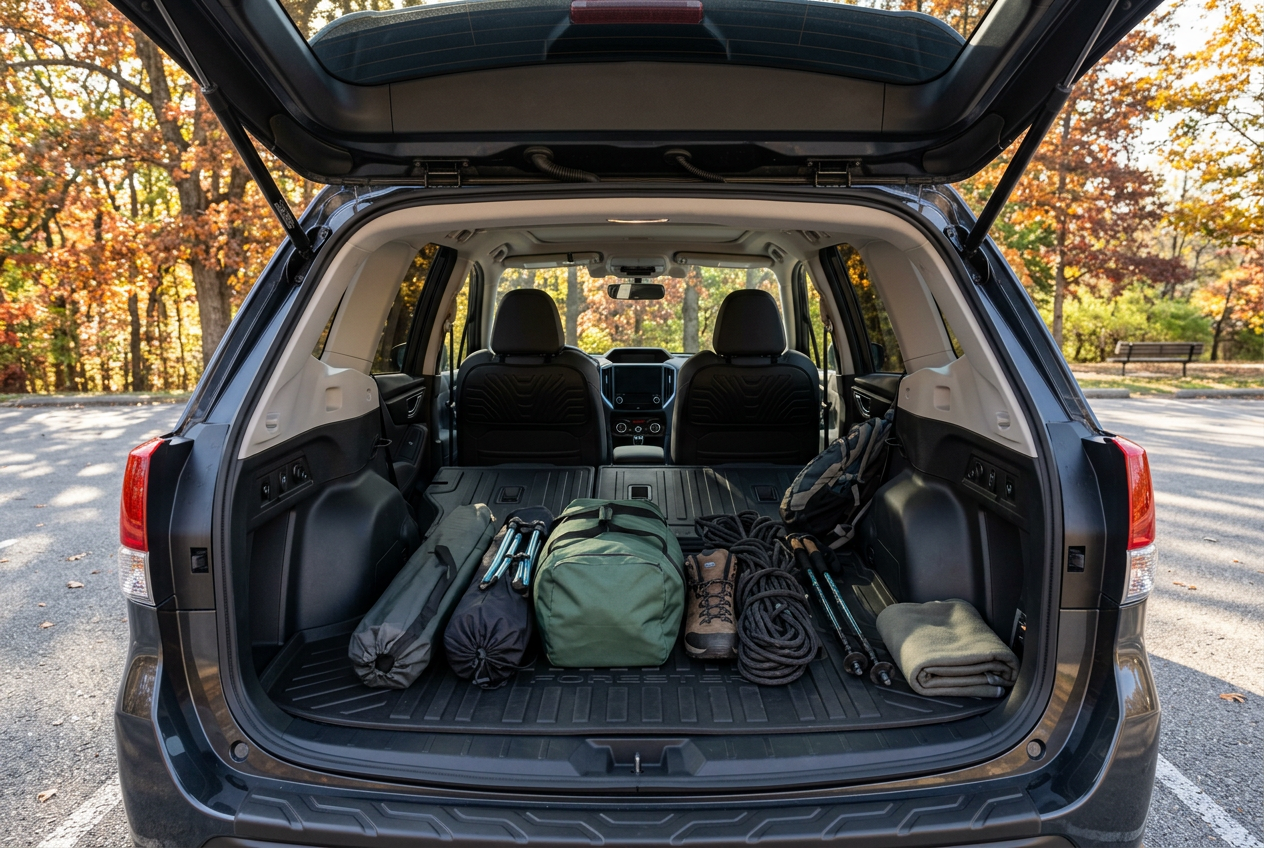 Open trunk of a dark SUV filled with camping and hiking gear, including a duffel bag, rope, and boots. (Representative image for illustration purposes only. Actual vehicle may vary based on trim and configuration.)