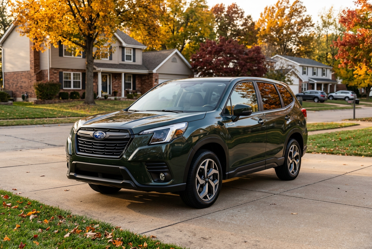 Dark green Subaru Forester parked on a concrete driveway in a suburban neighborhood during autumn. (Representative image for illustration purposes only. Actual vehicle may vary based on trim and configuration.)