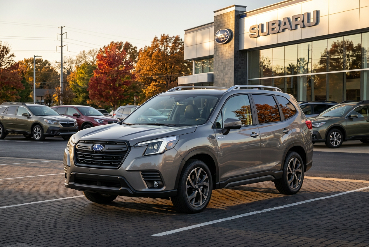 A grey Subaru Forester SUV parked in front of a Subaru dealership with autumn trees in the background. (Representative image for illustration purposes only. Actual vehicle may vary based on trim and configuration.)