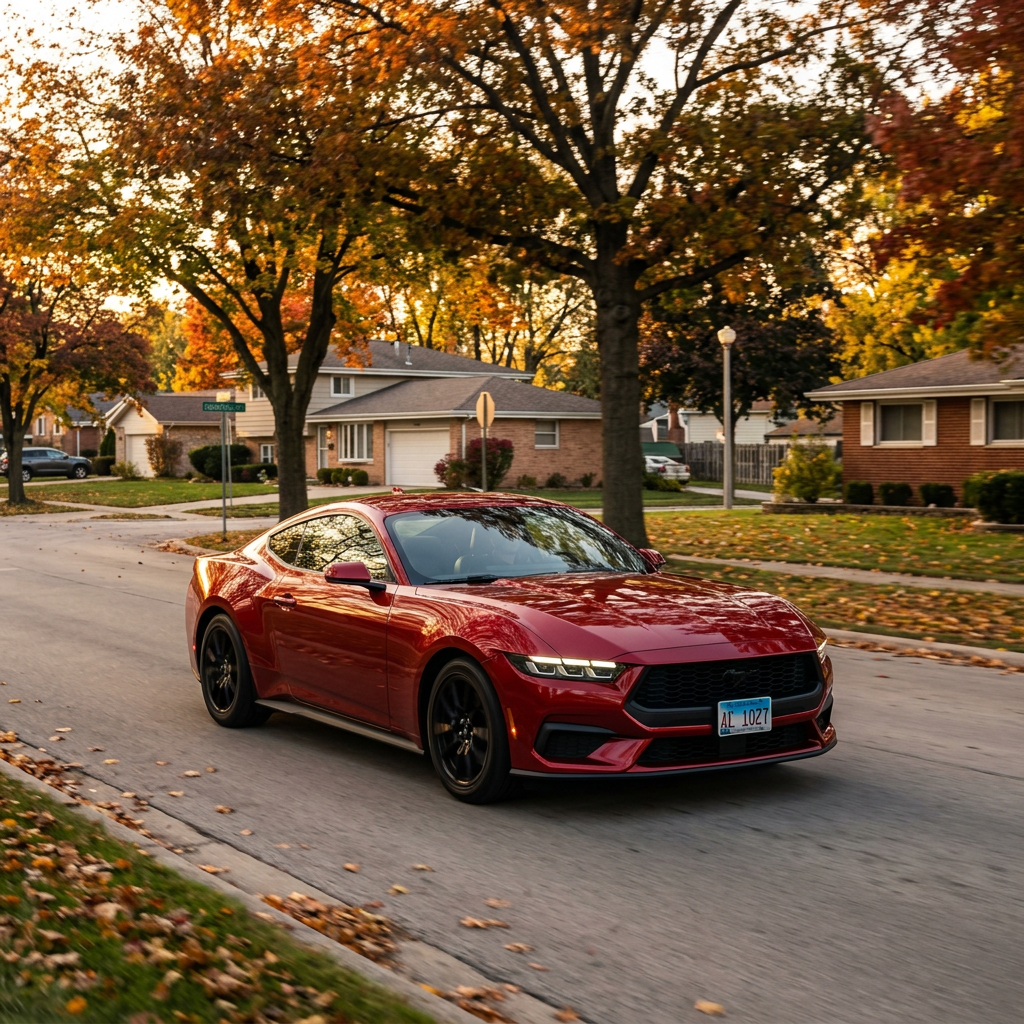 A red Ford Mustang driving down a suburban street lined with vibrant autumn trees. (Representative image for illustration purposes only. Actual vehicle may vary based on trim and configuration.)