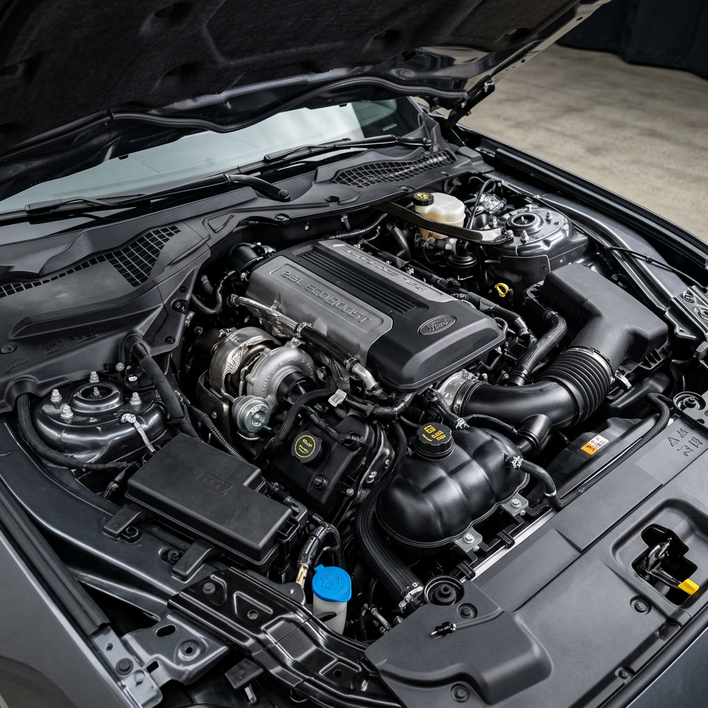 Open hood showing a clean 2.3L Ford EcoBoost turbocharged engine bay with visible turbocharger and components. (Representative image for illustration purposes only. Actual vehicle may vary based on trim and configuration.)