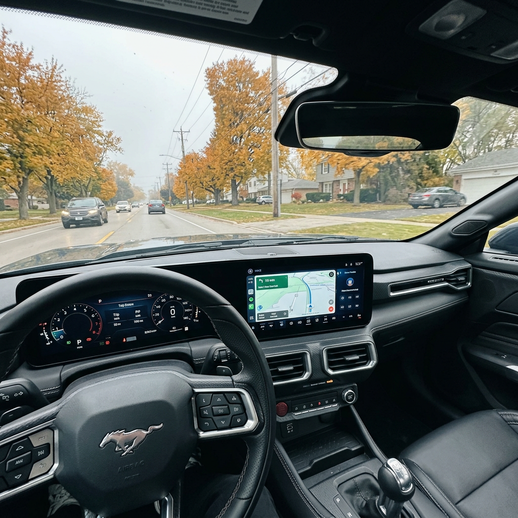 Driver seat view of a Ford Mustang dashboard with digital screens, looking out at a street lined with autumn trees. (Representative image for illustration purposes only. Actual vehicle may vary based on trim and configuration.)