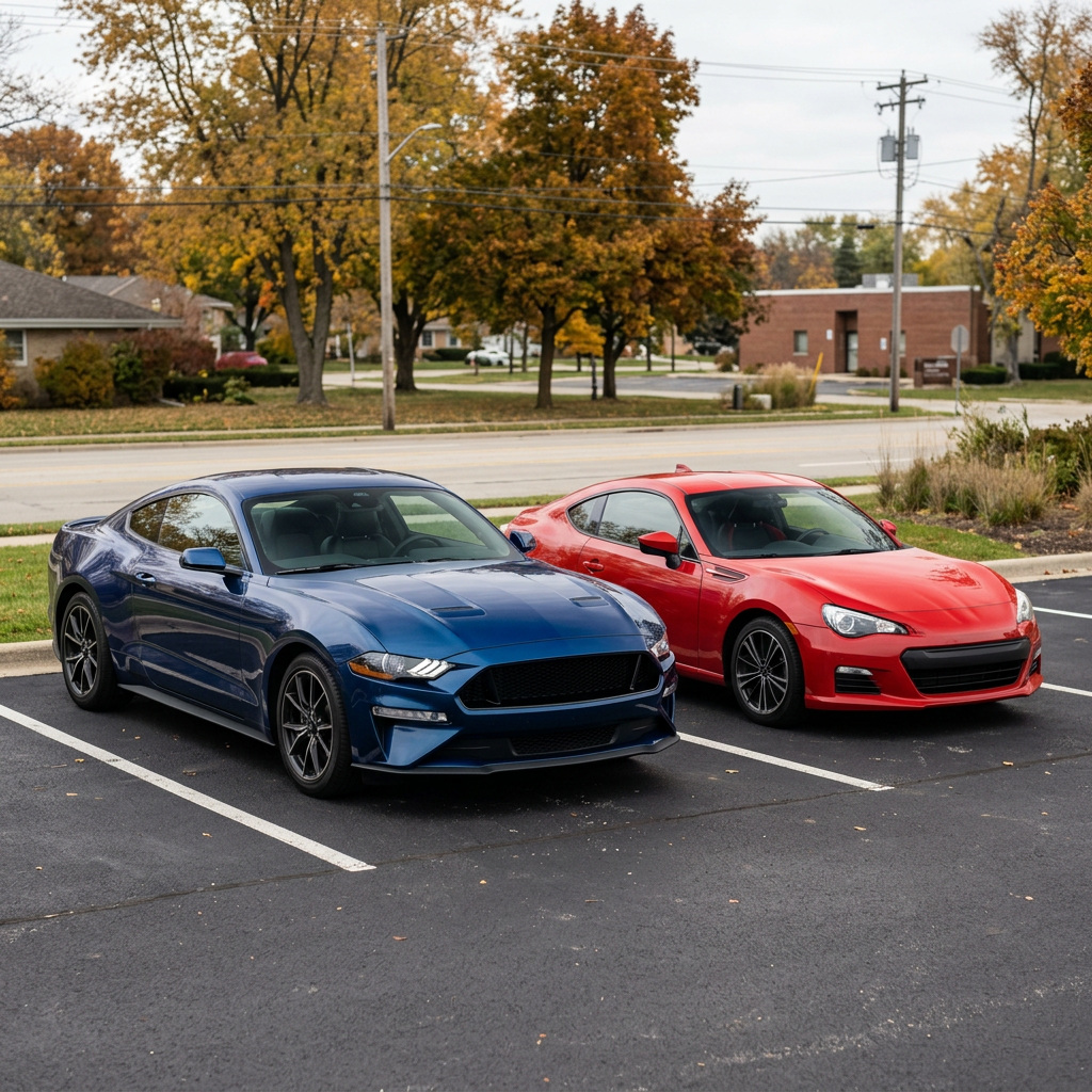 A blue Ford Mustang and a red Subaru BRZ sports car parked side-by-side in an outdoor parking lot. (Representative image for illustration purposes only. Actual vehicle may vary based on trim and configuration.)