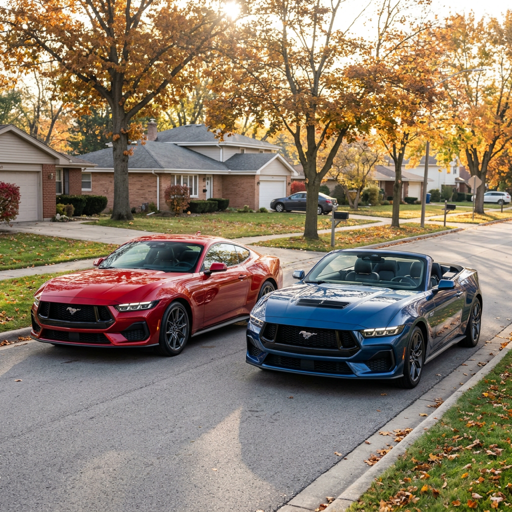 A red Ford Mustang coupe and a blue Ford Mustang convertible parked side by side on a suburban street in autumn. (Representative image for illustration purposes only. Actual vehicle may vary based on trim and configuration.)