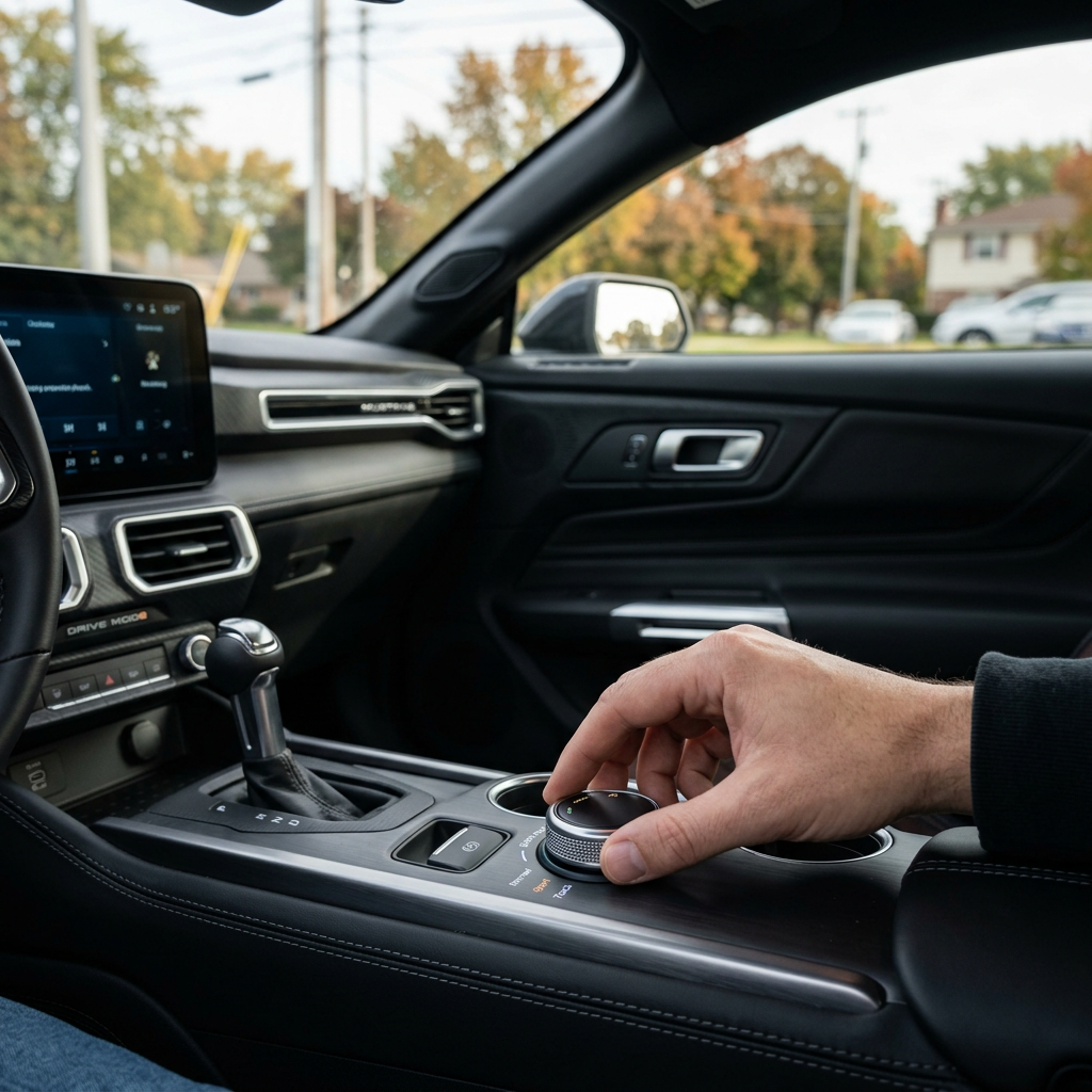 A person's hand turning a metallic rotary drive mode selector dial on a car's center console. (Representative image for illustration purposes only. Actual vehicle may vary based on trim and configuration.)