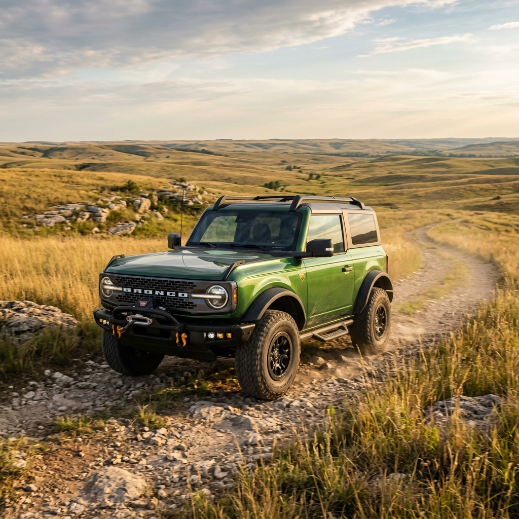 Green Ford Bronco driving along a rocky dirt trail through scenic rolling grassy hills at sunset. (Representative image for illustration purposes only. Actual vehicle may vary based on trim and configuration.)