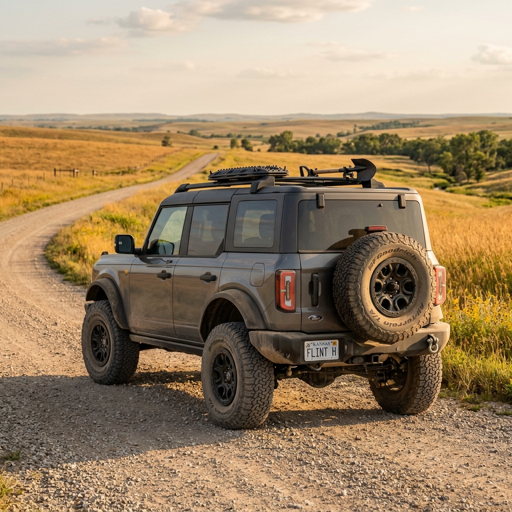Gray Ford Bronco parked on a dirt road in the Kansas Flint Hills at sunset with roof gear and off-road tires. (Representative image for illustration purposes only. Actual vehicle may vary based on trim and configuration.)