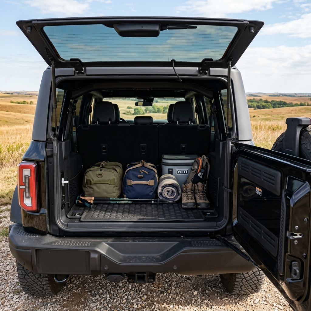Open trunk of a black SUV loaded with duffel bags, a YETI cooler, hiking boots, and trekking poles. (Representative image for illustration purposes only. Actual vehicle may vary based on trim and configuration.)