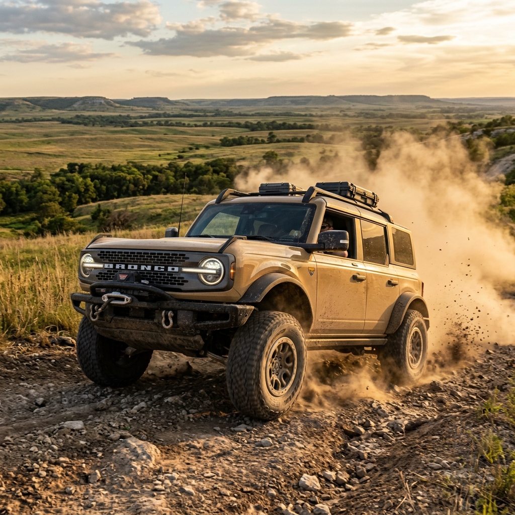 A tan Ford Bronco driving along a rocky trail, kicking up a large cloud of dust in a rural landscape. (Representative image for illustration purposes only. Actual vehicle may vary based on trim and configuration.)