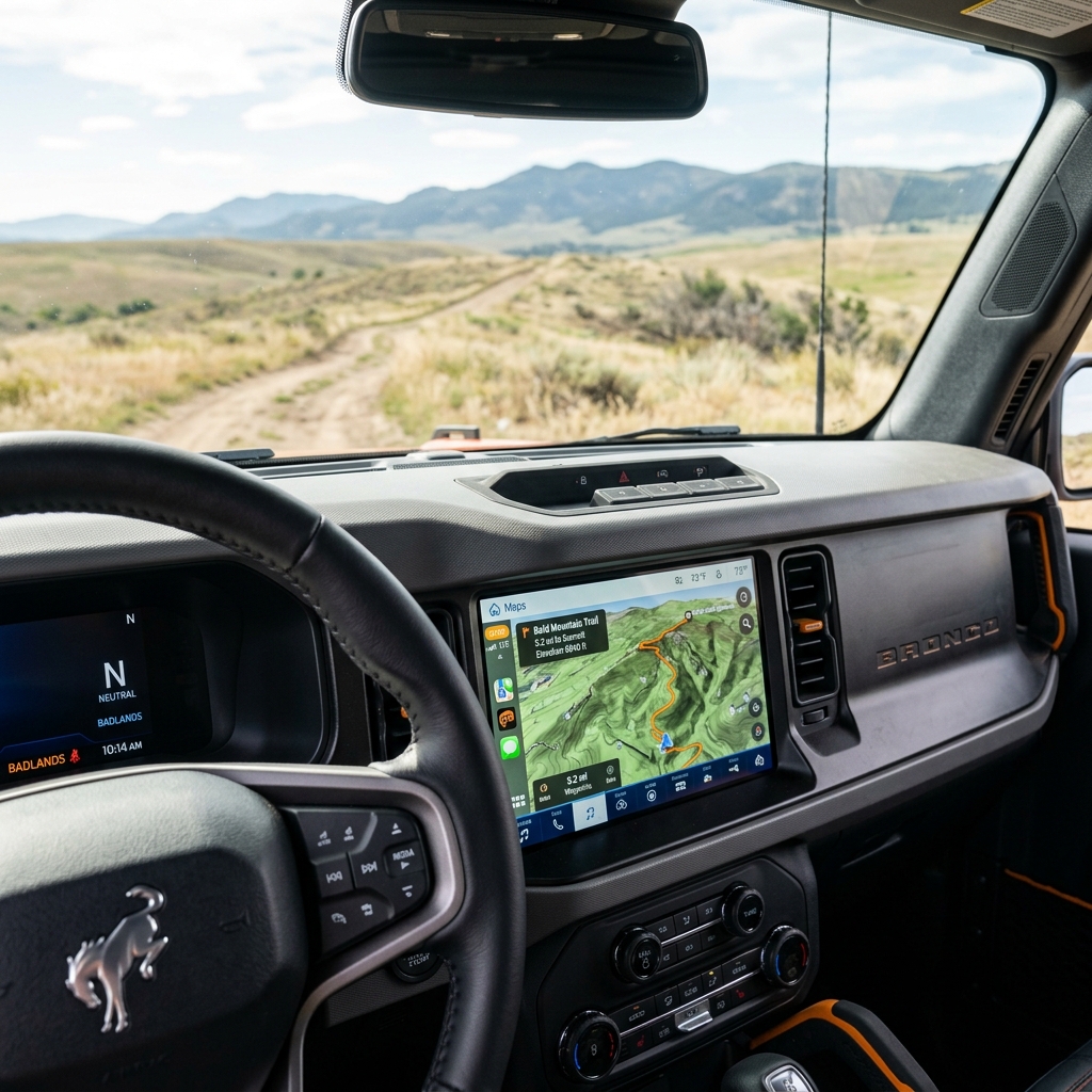 View from driver seat of a Ford Bronco on a dirt trail, showing dashboard navigation map and mountains ahead. (Representative image for illustration purposes only. Actual vehicle may vary based on trim and configuration.)